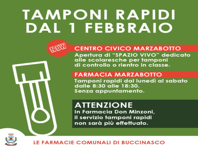 Tamponi rapidi a Buccinasco, le novità dal 1° febbraio