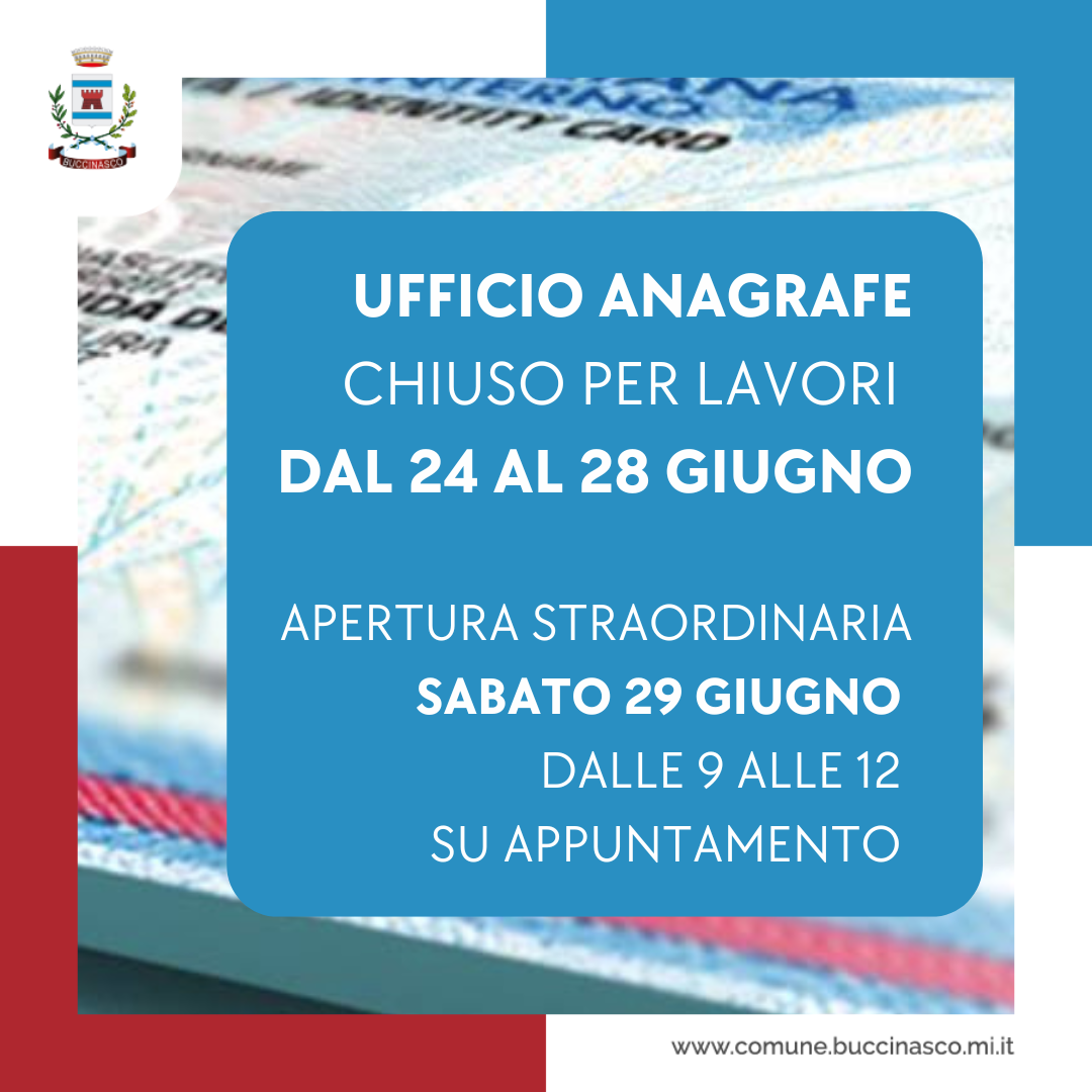 Buccinasco, Ufficio Anagrafe chiuso dal 24 al 28 giugno